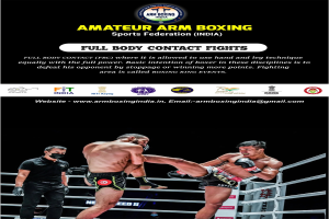 Plakat, das Amateur-Arm-Boxen in Indien ankündigt, mit zwei Kämpfern im Ring, einer in einem schwarzen Kleid und der andere in einem weißen Hemd und schwarzen Hosen, mit Logos und Text, der Vollkontaktkämpfe bewirbt.