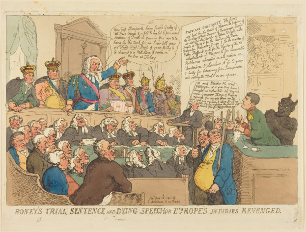 Cartoon-Courtroom-Szene mit einem zentralen stehenden Mann, sitzenden Figuren, einem Tisch mit Gegenständen auf der rechten Seite und Text, der unten "Boney's Trial, Sentence, and Dying Speech Europe's Injuries Revenged" liest.