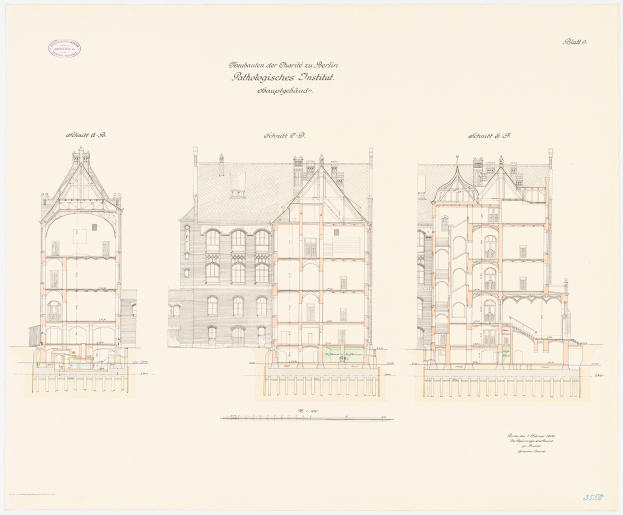 Ein detailliertes architektonisches Zeichnung des Charles II-Schule in Berlin, das ein Gebäude mit zahlreichen Fenstern und umfassende Pläne und Texte zeigt.