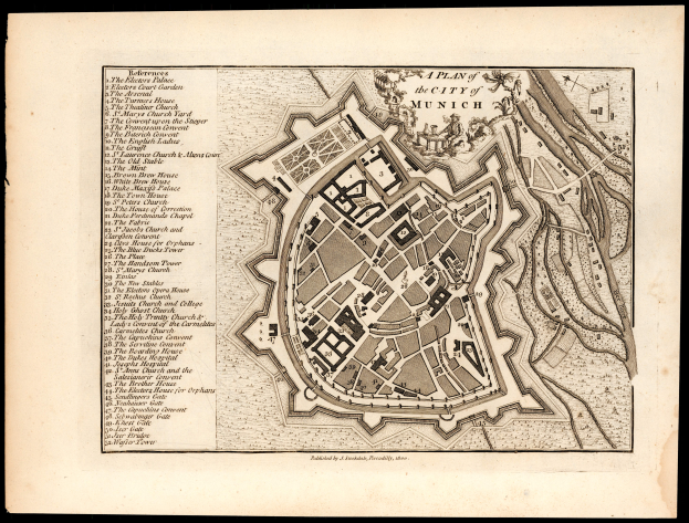 Ein alter Stadtplan von München, Deutschland, auf einem schwarzen Hintergrund, der Straßen, Gebäude und Sehenswürdigkeiten mit beschrifteten Text zeigt.