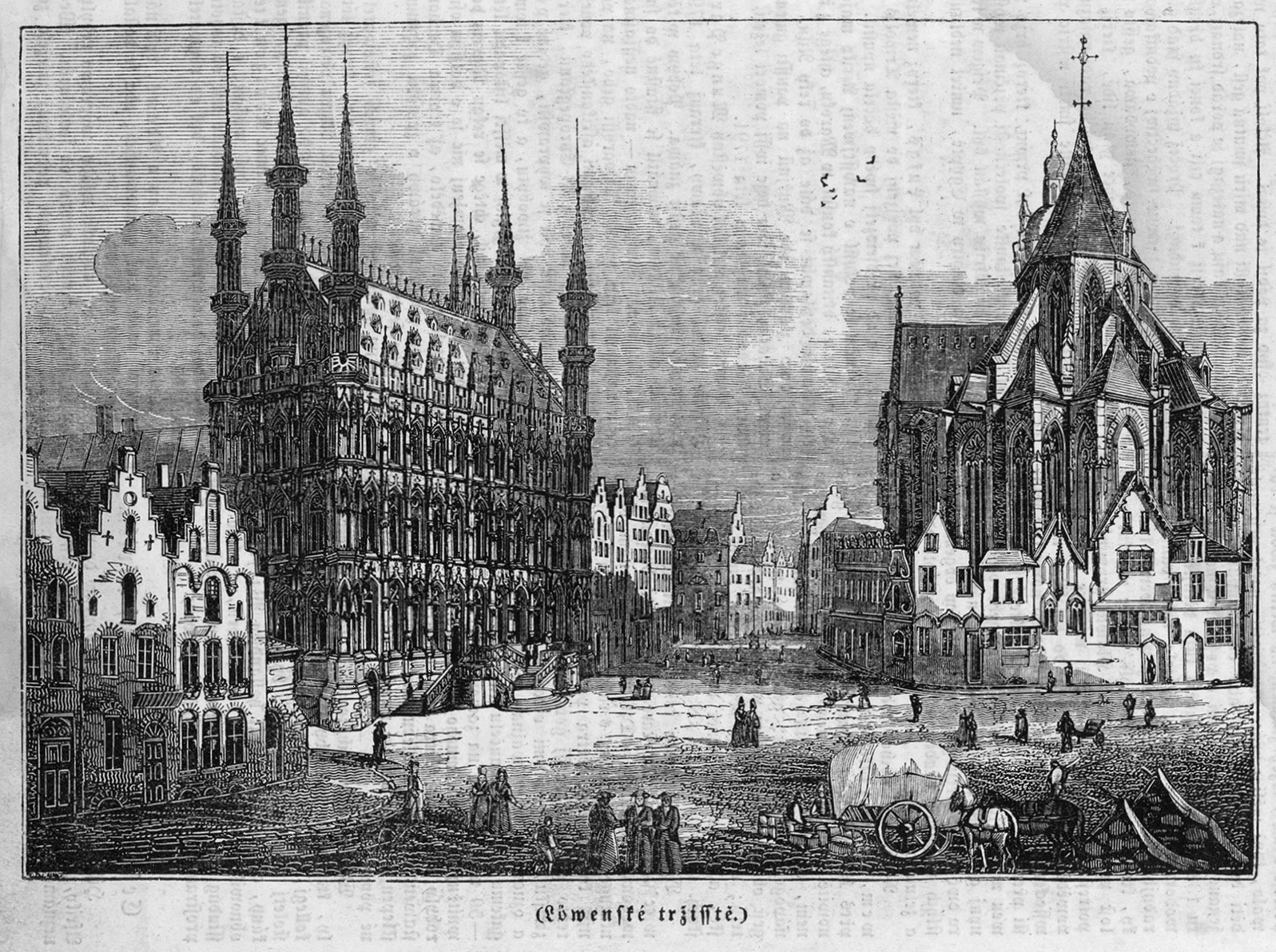 Schwarz-weiß-Zeichnung einer Stadtstraße mit einer Kirche im Hintergrund, mit Gebäuden, Menschen, Karren und Text.