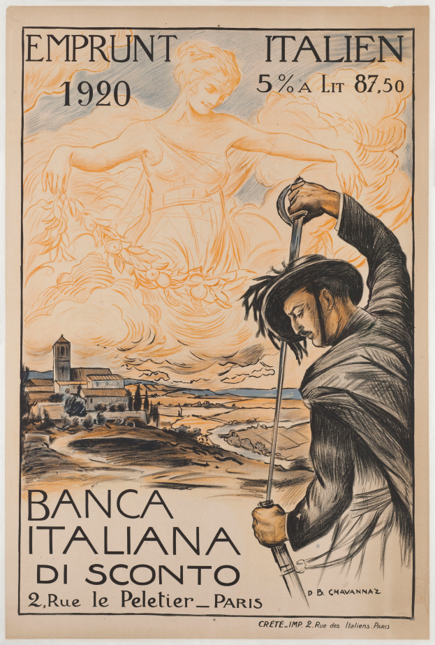 Ein Plakat wirbt für die Banca Italiana di Sconto in Paris, das eine Person mit einem menschlichen Gesicht zeigt, die vor Gebäuden und Bäumen steht, mit Text, der Informationen zum Event enthält.