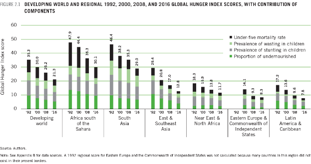 Eine Säulendiagramm, das die globalen Hungererindex-Scores zeigt, wobei jede Säule eine andere Komponente des Index darstellt, begleitet von beschreibendem Text.