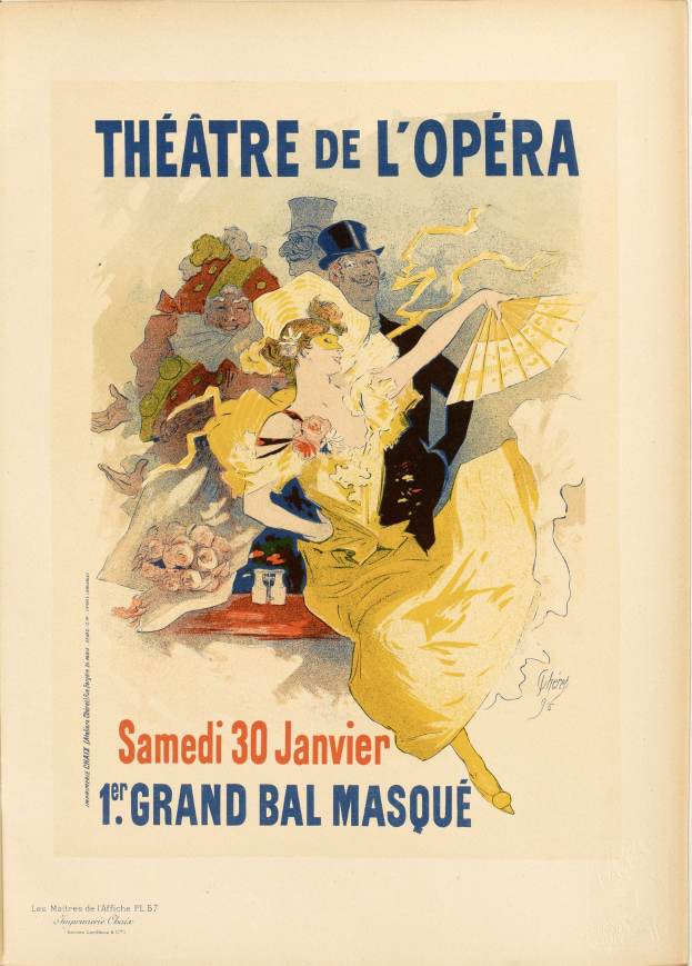 Plakat für das Théâtre de l'Opéra in Paris mit einer Frau in einem weißen Kleid mit einem blauen Schultertuch, ihr Haar zu einem Dutt gebunden, vor einem tiefblauen Hintergrund mit Sternen und schwarzer, fetter Schrift, die 'Theater der Oper' lautet.