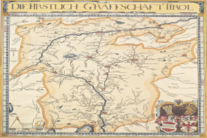 Ein detailliertes historisches Plakat der ersten Grafschaft Tirol-Karte, das geografische Merkmale wie Flüsse, Berge und Städte sowie begleitenden Text über die Region und ihre Bewohner zeigt.