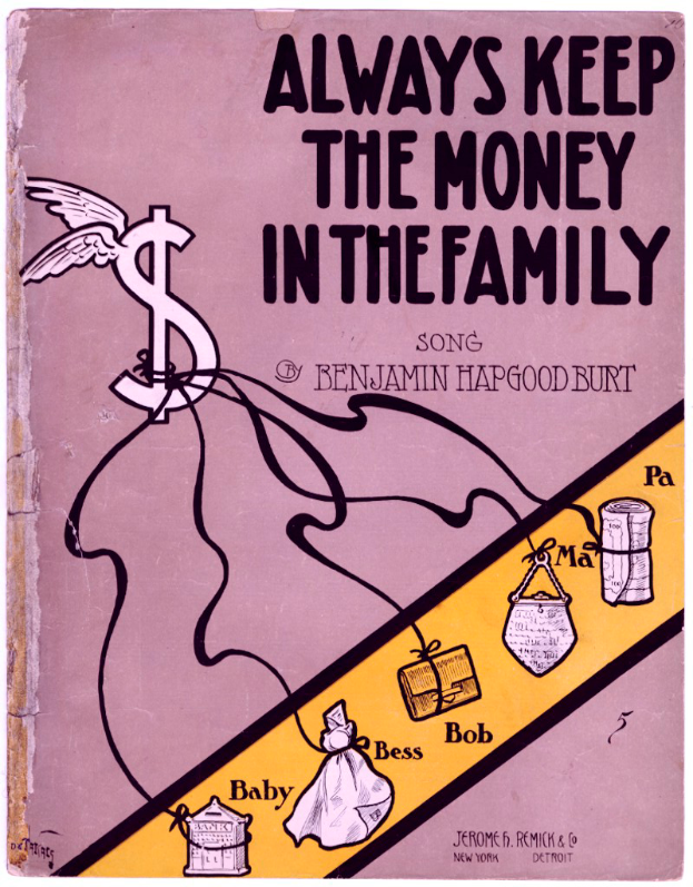 Ein Plakat mit der Aufschrift "Immer das Geld in der Familie lassen" in fetter schwarzer Schrift auf einem weißen Hintergrund, mit einer bunten Illustration einer strahlenden Familie von vier Personen, die in einem Kreis unter einem hellblauen Himmel mit weißen Wolken stehen.