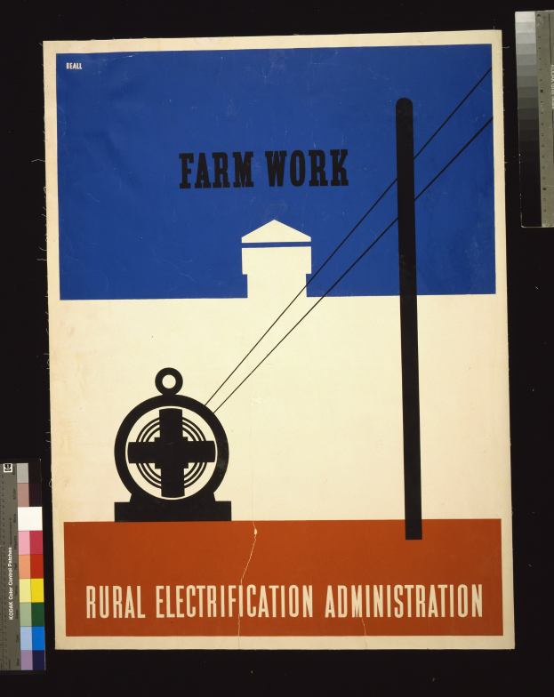 Plakat mit fetter schwarzer Schrift "Bauernarbeit Landliche Elektrizitätsverwaltung" auf weißem Hintergrund, umrandet von einem schmalen schwarzen Rahmen, mit einer Grafik eines Hofes mit Traktor und Scheune.