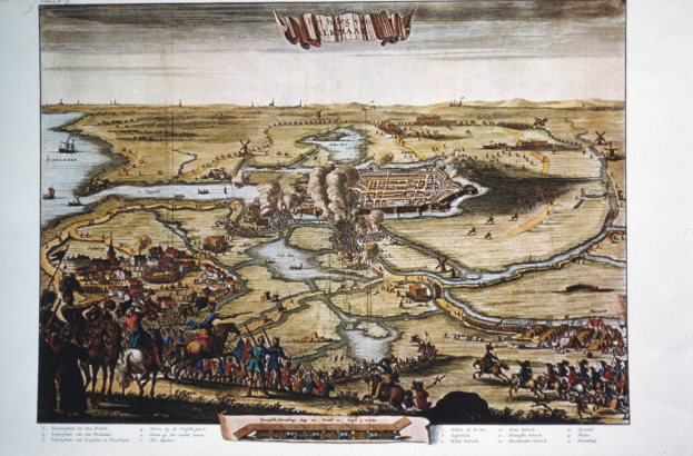 Eine Karte der Schlacht von Waterloo mit Menschen, Pferden, Wasser und anderen Gegenständen, beschriftet mit 'Die Schlacht von Leipzig' oben.