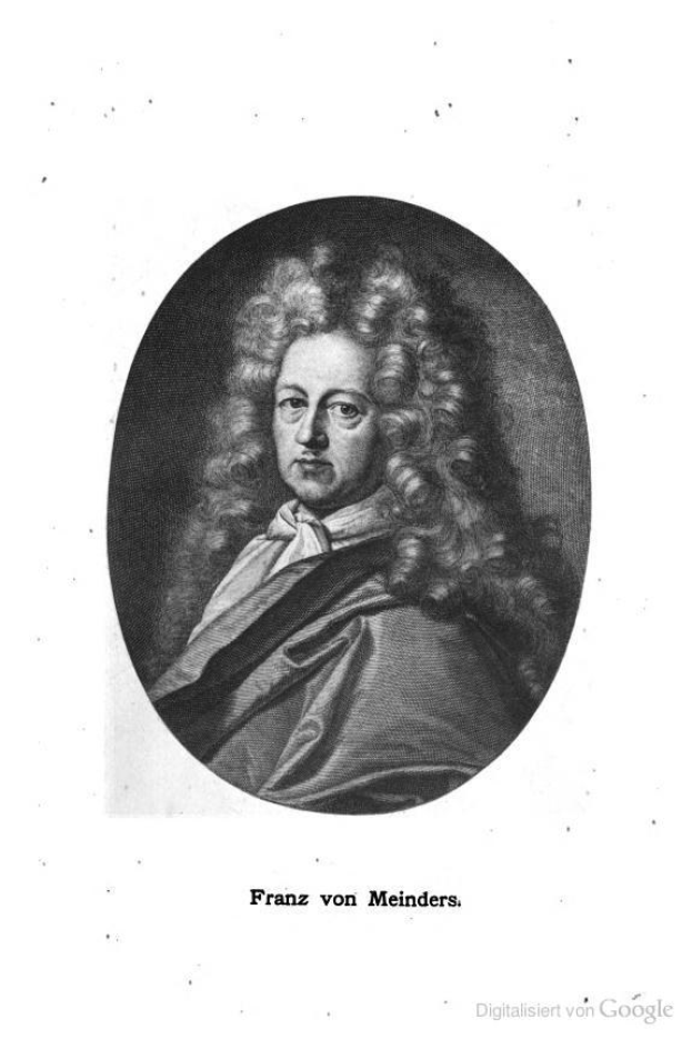 Schwarzes und weißes Portr├Ąt von Franz von Meinders, einem deutschen Komponisten mit langen Locken, mit deutschem Text unten.