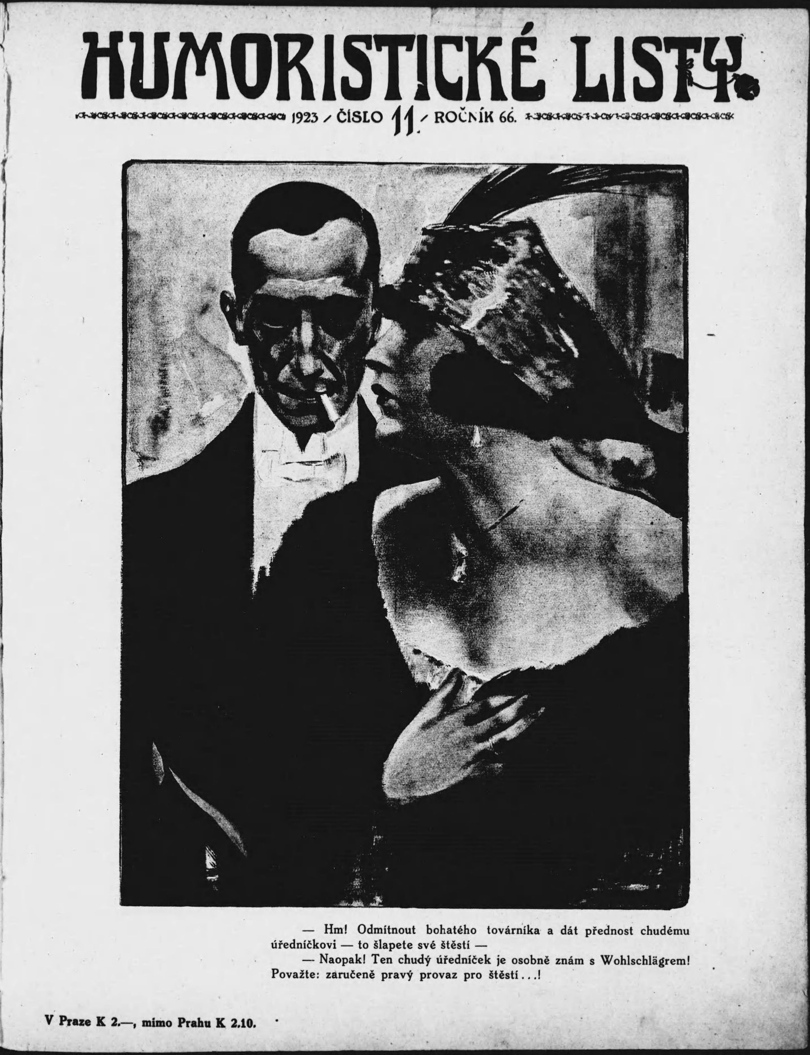 Schwarzes und weißes Magazin-Cover mit der Überschrift "Humoristische Liste", das einen Mann in einem Anzug mit ernster Miene und eine Frau zeigt, die wegschaut und leicht schmunzelt.