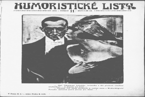 Schwarzes und weißes Magazin-Cover mit der Überschrift "Humoristische Liste", das einen Mann in einem Anzug mit ernster Miene und eine Frau zeigt, die wegschaut und leicht schmunzelt.