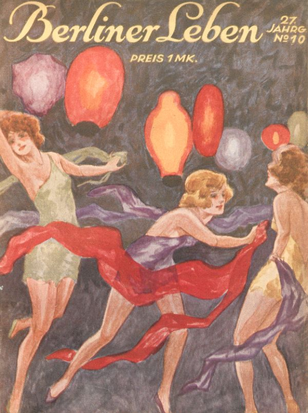 Ein Magazincover mit einem Gemälde von drei Frauen in bunten Kleidern, die mit ausgestreckten Armen tanzen, umgeben von farbigen Ballons, mit dem Text 'Berliner Leben', der likely den Titel der Zeitschrift angibt.