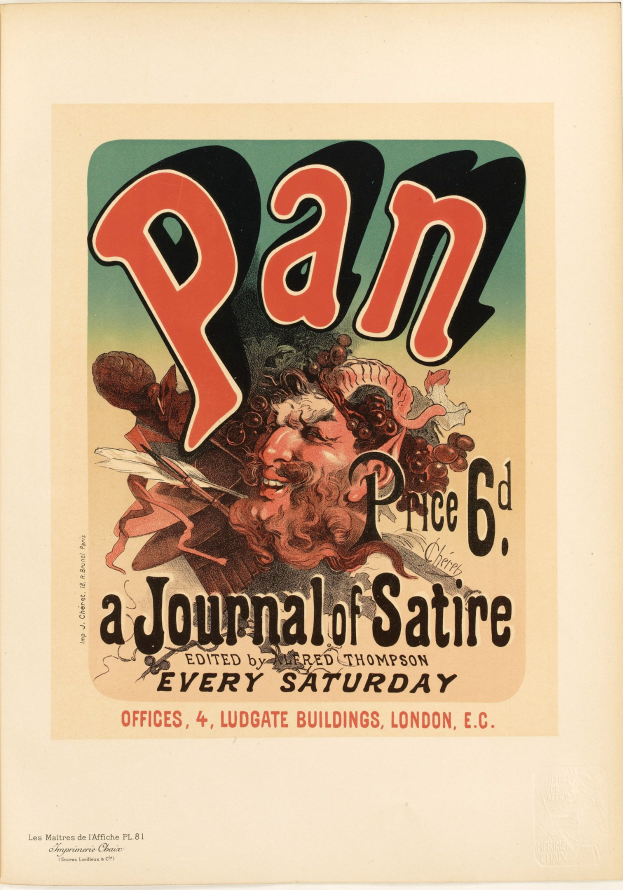 Ein Plakat mit einer Person mit kurzen, dunklen Haaren in einem weißen Hemd mit einem ernsten Gesichtsausdruck und der Inschrift "Pan: Eine Satirezeitschrift" in fetter, schwarzer Schrift.