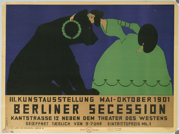 Plakat für die Berliner Secession mit einer Frau in einem grünen Kleid und einem Mann in einem schwarzen Anzug mit Textbeschreibung des Ereignisses