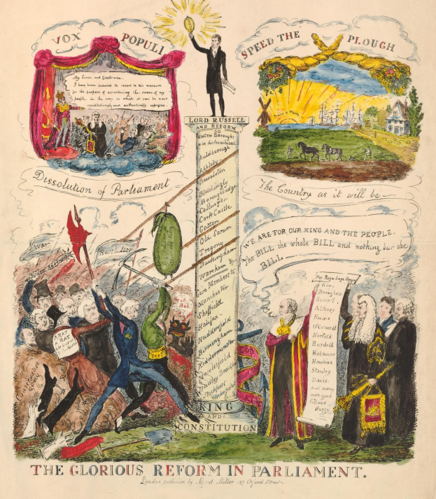Ein buntes illustriertes Dokument namens "Die glorreiche Reform im Parlament", das fette Schrift und verschiedene fröhliche Menschen zeigt, symbolisiert Hoffnung und Fortschritt.