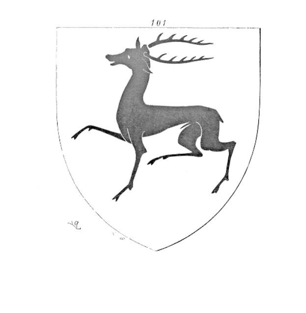 Eine Schwarz-Weiß-Zeichnung eines aufgerichteten Hirschs mit Geweih auf einem Schild mit Sternen und Streifen, beschriftet mit "Deutscher Staat" oben.