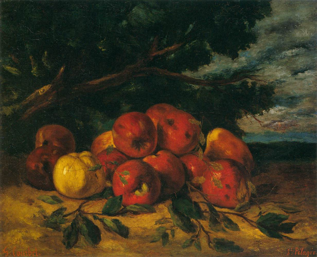 Ein Gemälde mit dem Titel "Naturstillleben mit Äpfeln und Birnen" von St. Pelagre, das ein Stillleben von Äpfeln und Birnen auf einem Tisch zeigt, mit einem Baum im Hintergrund und einem bewölkten Himmel.