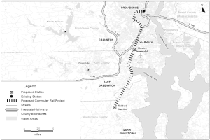 Eine Schwarz-Weiß-Karte einer Stadt mit einem Fluss, beschriftet mit "Vorgeschlagenes Nahverkehrsprojekt" auf der linken Seite, zeigt Straßen, Autobahnen und andere städtische Merkmale.
