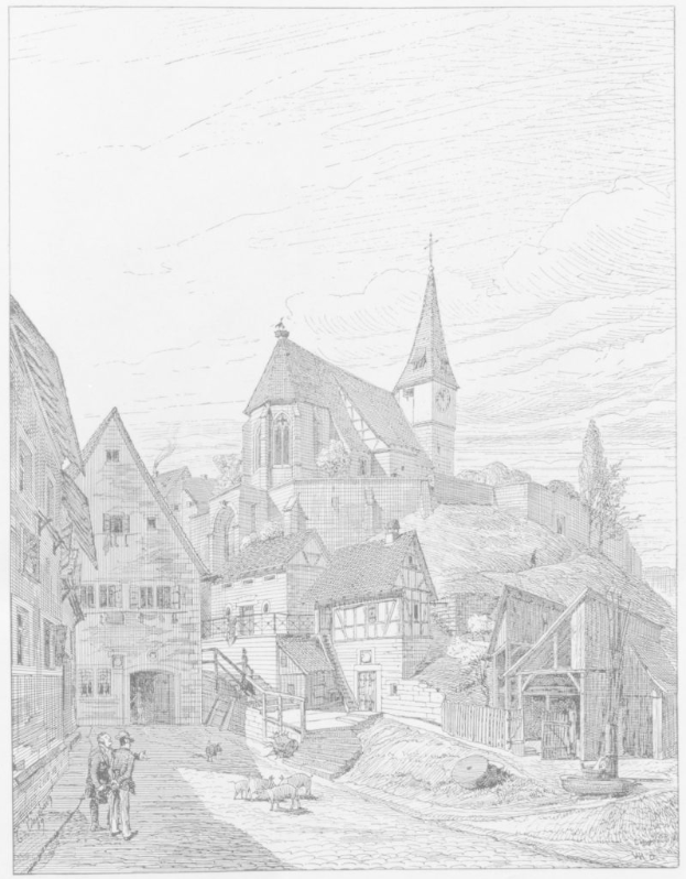 Eine Schwarz-Weiß-Zeichnung einer Straßenszene in Heidelberg, Deutschland, mit der Kirche der Heiligen Dreifaltigkeit im Hintergrund, umgeben von Gebäuden, Menschen, Tieren, Bäumen und einem Himmel. Der Text "Die Kirche der Heiligen Dreifaltigkeit im alten Stadtzentrum von Heidelberg, Deutschland" wird am unteren Rand des Bildes angezeigt.