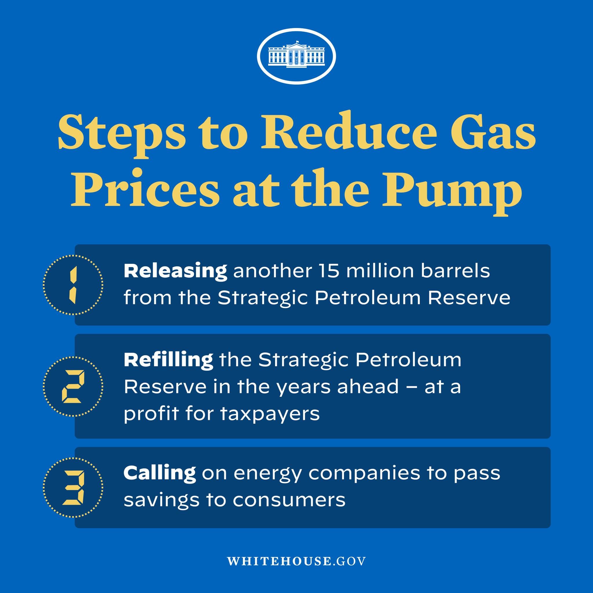 Plakat mit vier Schritten zur Verringerung der Benzinpreise an der Zapfsäule, mit einem blauen und weißen Logo, das eine Zapfsäule in der Mitte zeigt.