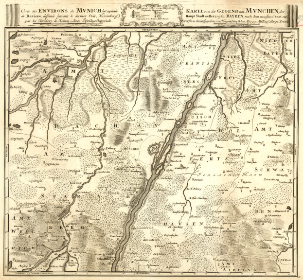 Ein alter Stadtplan von München, Deutschland, mit einem Fluss und Text, der die Stadt beschreibt.
