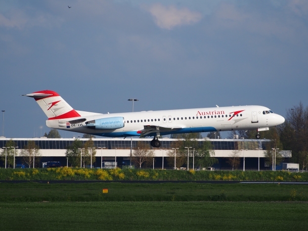 Ein Austrian-Airlines-Airbus-A320-200-Flugzeug startet am Frankfurter Flughafen, umgeben von grünem Gras, Blütenpflanzen, Bäumen, Leuchten und einem Gebäude unter einem bewölkten Himmel.