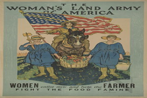 Plakat mit einer Frauensoldatenarmee, mit einer Person auf einem Pferd, die eine Fahne hält, zwei Frauen mit Körben voller Lebensmittel und Text, der Frauen dazu aufruft, die Nahrungsmittelknappheit anzugehen.