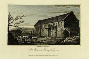Eine Gravur von St. Martins Priorat, Dyer, mit einem Haus, Bäumen, Tieren und einem Himmel im Hintergrund sowie Text unten.