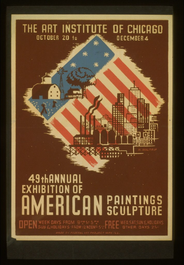 Plakat für die 49. Jahresausstellung des Art Institute of Chicago für Amerik. Malerei und Skulptur mit Text und Bildern zum Thema.