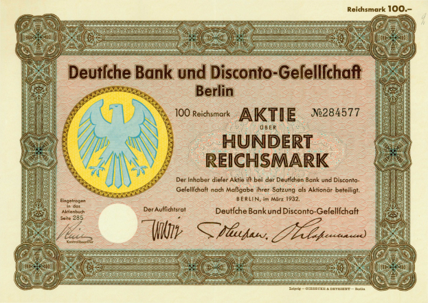 Alte deutsche Banknote mit einem Vogel, ausgegeben von Deutsche Bank und Disconto-Gesellschaft in Berlin.
