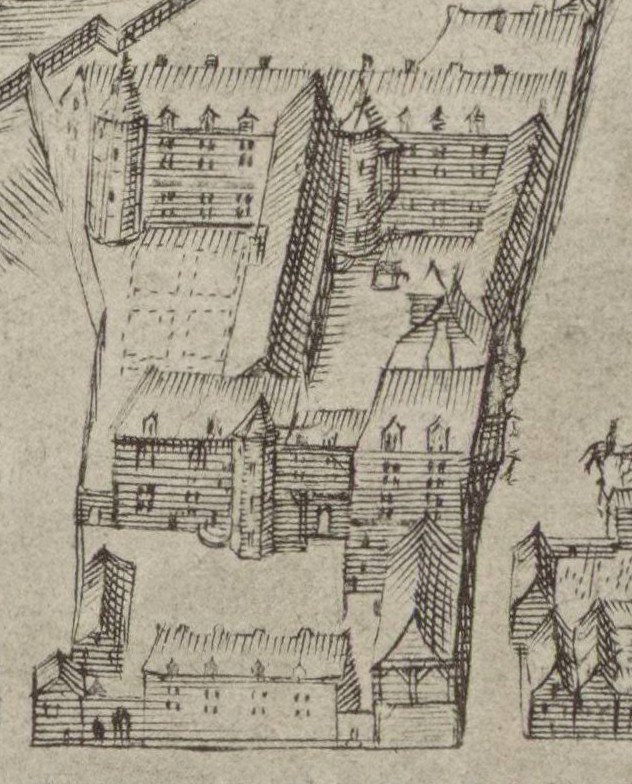 Eine handgezeichnete Stadtansicht mit mehreren Gebäuden, die um ein Haus herum angeordnet sind, auf Papier mit zusätzlichem handgeschriebenem Text.