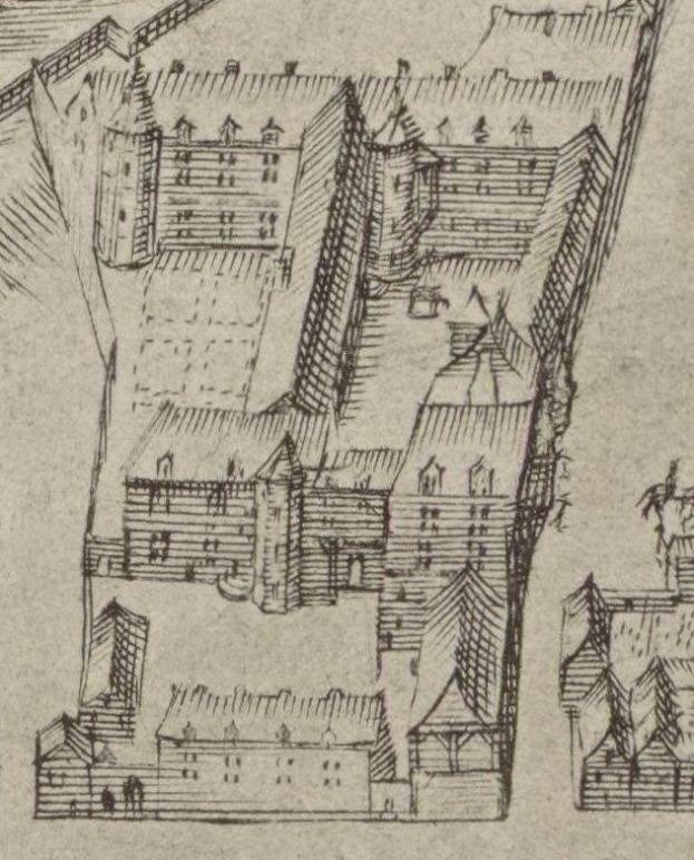 Eine handgezeichnete Stadtansicht mit mehreren Gebäuden, die um ein Haus herum angeordnet sind, auf Papier mit zusätzlichem handgeschriebenem Text.