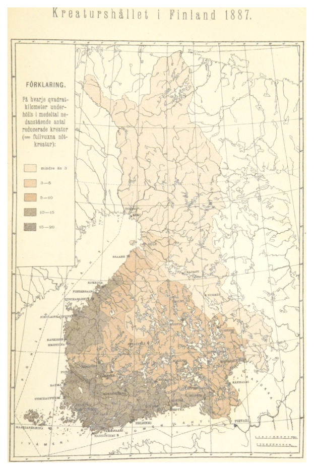 Eine historische Karte Finnlands aus dem Jahr 1887, farbig in Blau, Grün und Gelb dargestellt, die das Ausmaß des schwedischen Reichs mit beschrifteten Städten, Ortschaften und geografischen Merkmalen zeigt.