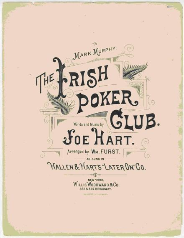 Ein Plakat mit der Aufschrift "The Irish Poker Club" mit schwarzem Rand, das eine fette schwarze Schrift und eine bunte Kleeblatt-Illustration zeigt.