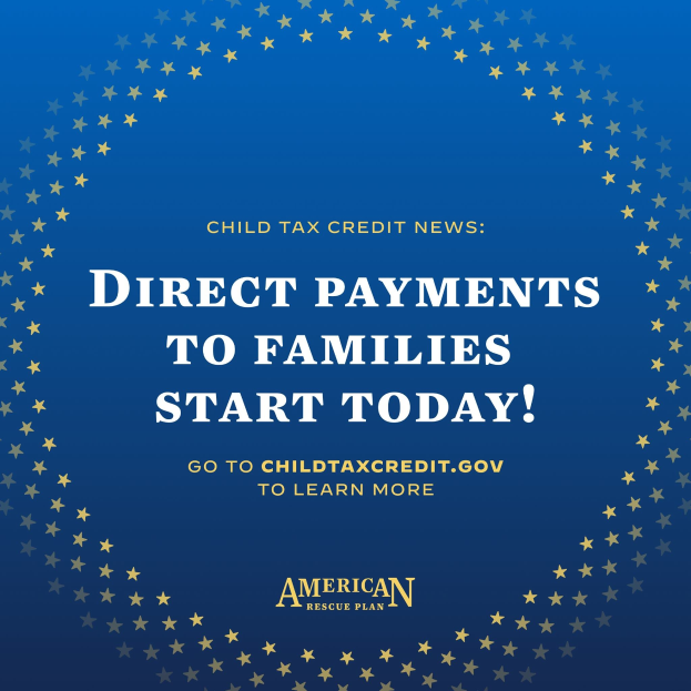 Plakat mit dem Text "Direkte Zahlungen an Familien beginnen heute" umgeben von einem Sternen-Design.