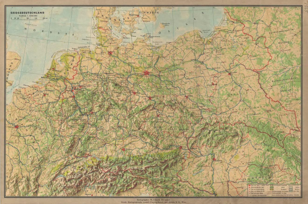 Detailiertes altes Deutschland-Karte, das Straße, Autobahnen und geografische Merkmale mit Text oben und unten anzeigt.