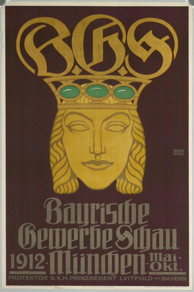 Plakat für das Bayerische Bierfest in München, Deutschland, mit einem gekrönten Gesicht inmitten von Text.