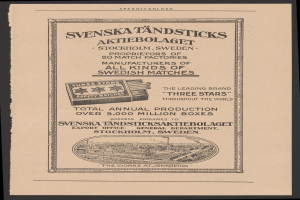 Schwarz-weiß-Anzeige für die Svenska Tändsticks Zigarettenmarke auf altem Papier mit Text vor dunklem Hintergrund.