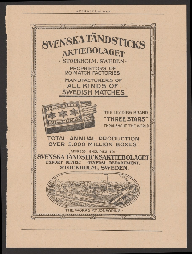 Schwarz-weiß-Anzeige für die Svenska Tändsticks Zigarettenmarke auf altem Papier mit Text vor dunklem Hintergrund.