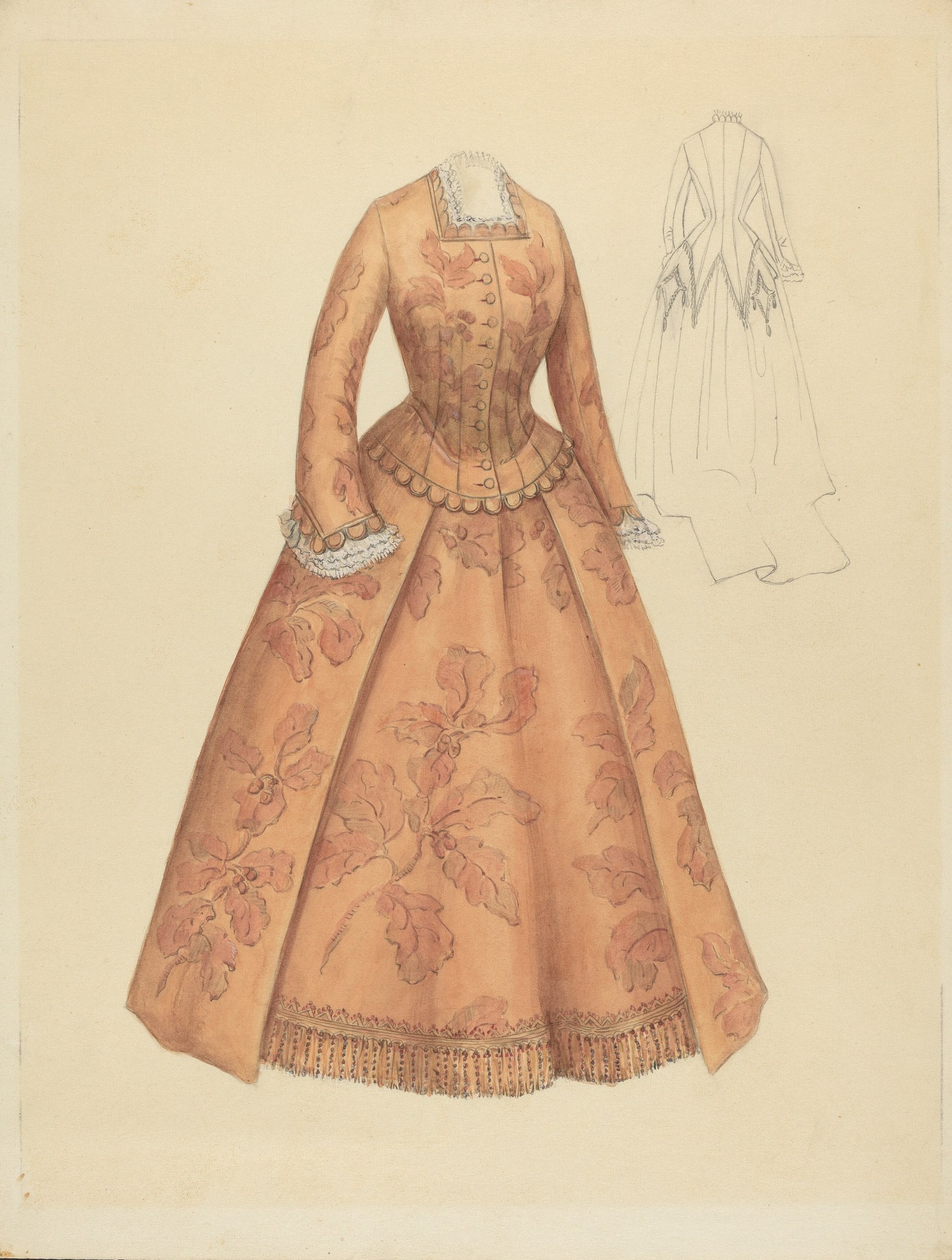 Ein detailliertes Kostümdesign aus dem 18. Jahrhundert für ein bodenlanges Kleid mit hohem Kragen, das ein floral gemustertes Mieder in Rosa, Lila und Blau, einen Spitzenbesatz am Rock und einen hellblauen Hintergrund zeigt.