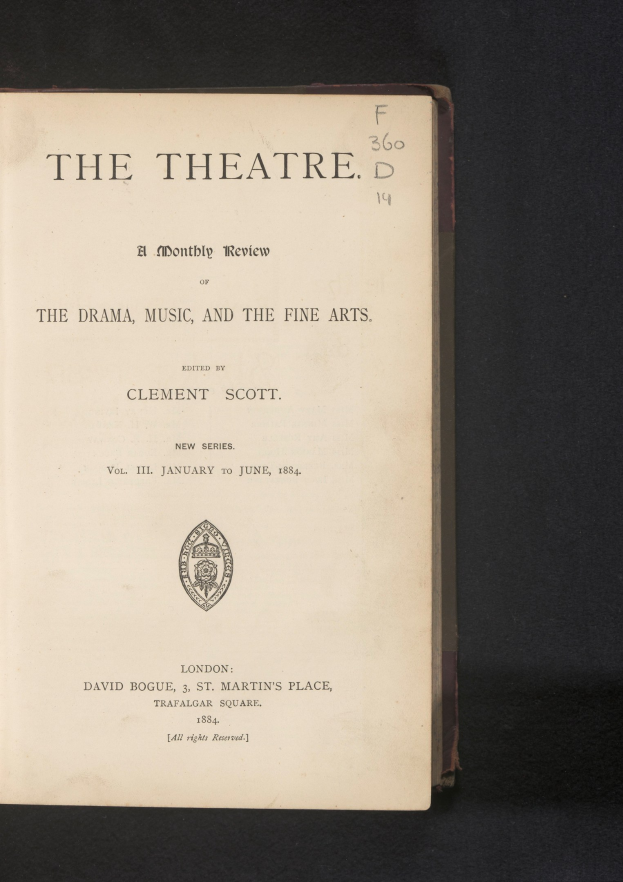 Ein Buch mit dem Titel 'The Theatre: A Monthly Review of the Drama, Music, and the Fine Arts' geöffnet auf einer Seite mit Text und einem Logo.