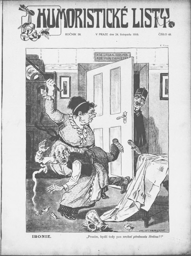 Ein Schwarz-Weiß-Cartoon von einem Mann und einer Frau in einem Raum mit einer Tür, Wandschmuck und verstreuten Gegenständen auf dem Boden, mit dem Text "Humoristické Listy, Vol 1, No 1, 1916" oben und unten.