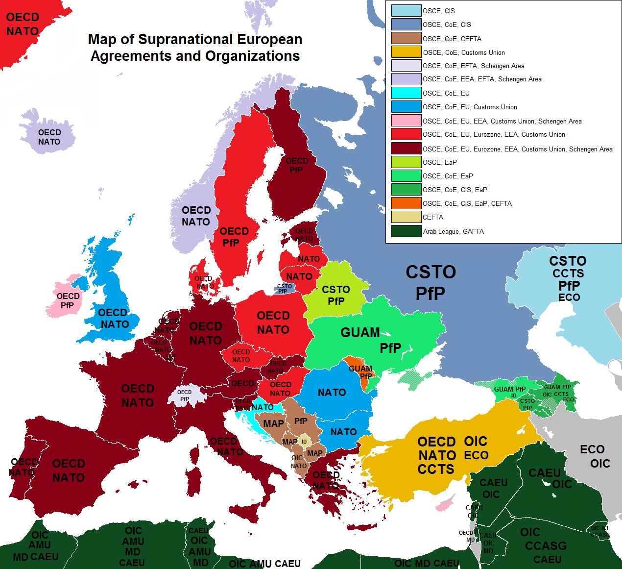 Farbcodierte Europakarte, die Länder und ihre jeweiligen Abkommen oder Organisationen zeigt, mit Text für zusätzliche Informationen.