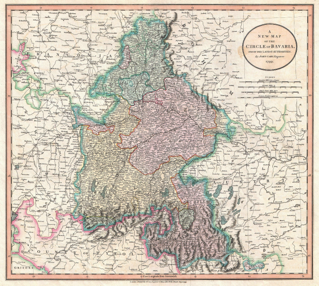 Poster einer Landkarte von Bayern, Deutschland, gerahmt in einem klassischen Fotorahmen, mit Provinzen von Deutschland und Österreich sichtbar.