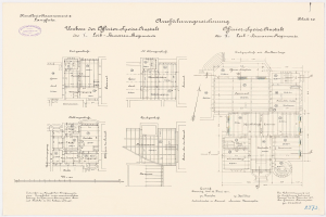 Schwarz-weißer architektonischer Grundriss des ehemaligen Bundeskanzleramts, der detaillierte Aufbau mit Text und Zeichnungen zeigt.