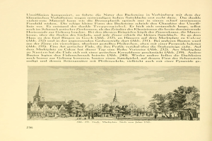 Offenes Buch mit einer Stadtansicht-Zeichnung, die Gebäude, Bäume und Menschen enthält, begleitet von Text auf der Seite.