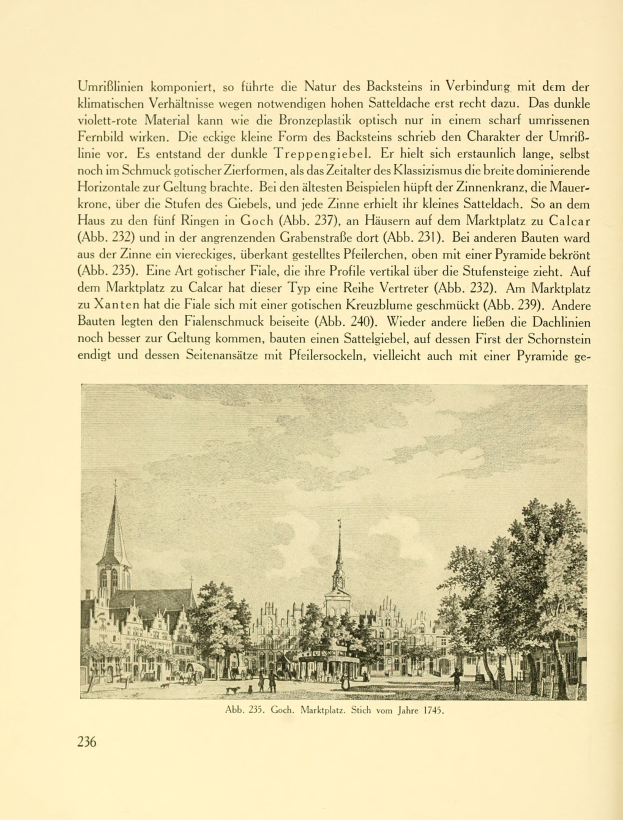 Offenes Buch mit einer Stadtansicht-Zeichnung, die Gebäude, Bäume und Menschen enthält, begleitet von Text auf der Seite.
