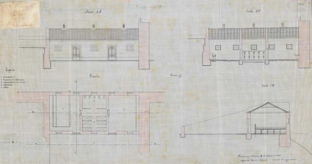 Ein detailliertes architektonisches Zeichnung eines mehrfenstrigen Schulgebäude-Layouts mit begleitendem Text und Plänen auf Papier.