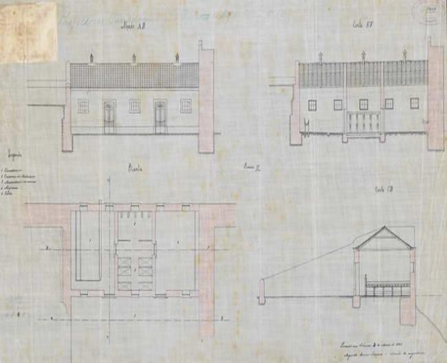 Ein detailliertes architektonisches Zeichnung eines mehrfenstrigen Schulgebäude-Layouts mit begleitendem Text und Plänen auf Papier.