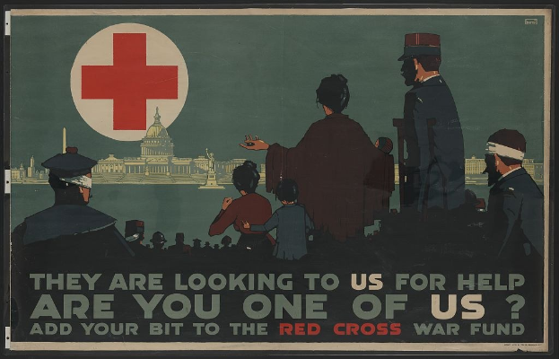 Plakat mit Menschen vor einem Gebäude mit einem roten Kreuz, auf dem um Unterstützung für den Roten Kreuz-Kriegsfonds gebeten wird, mit dem Text "Sie suchen unsere Hilfe, bist du einer von uns? Leiste deinen Beitrag zum Roten Kreuz-Kriegsfonds."